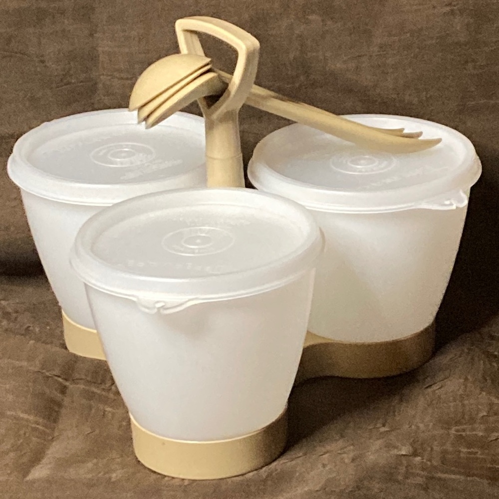 Vintage Tupperware Condiment Caddy with Serving Spoons and Seals Lids 757-3